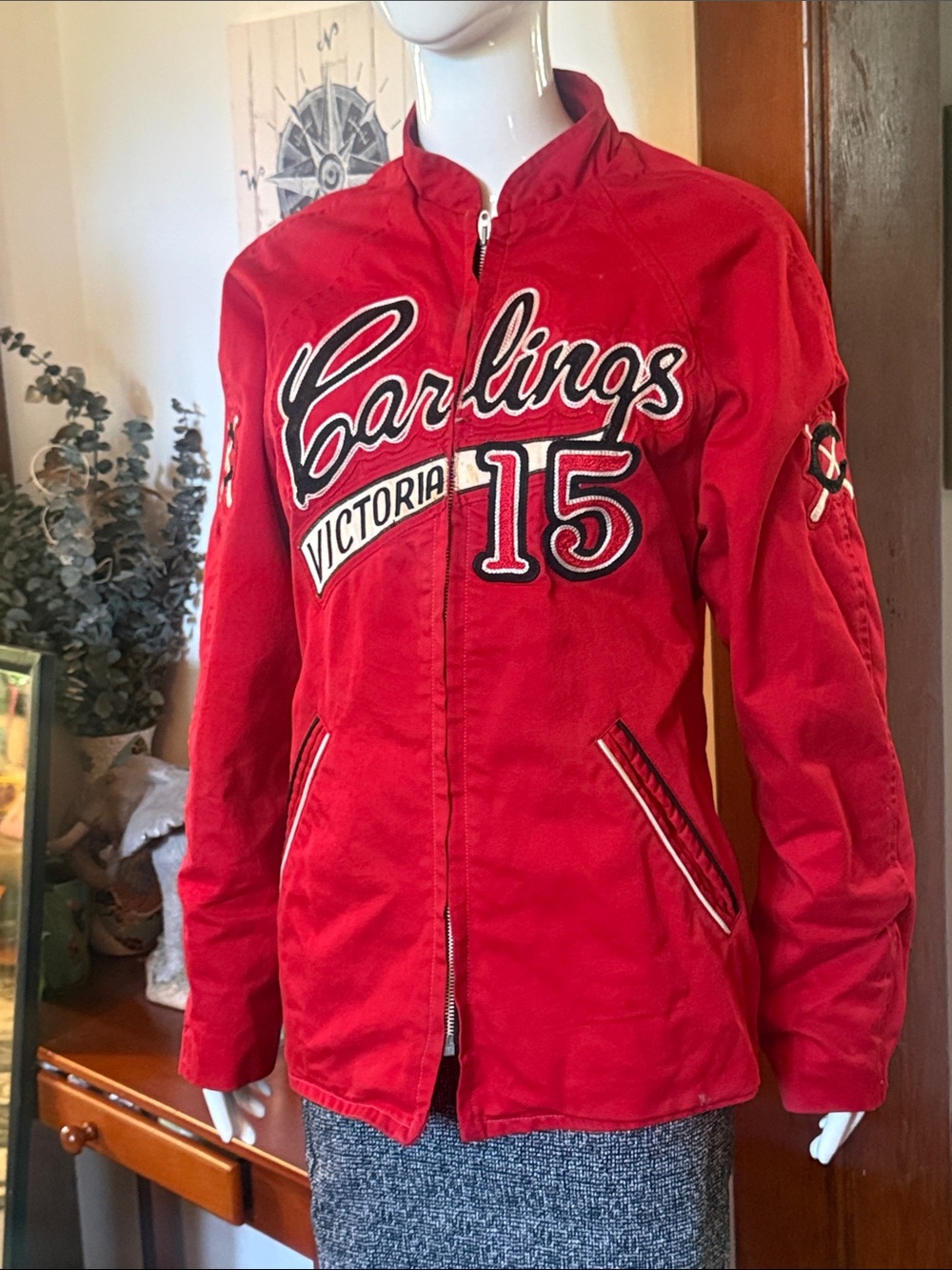 1950 Baseball Red 'Victoria Carlings 15' Embroidered Bomber Jacket size M